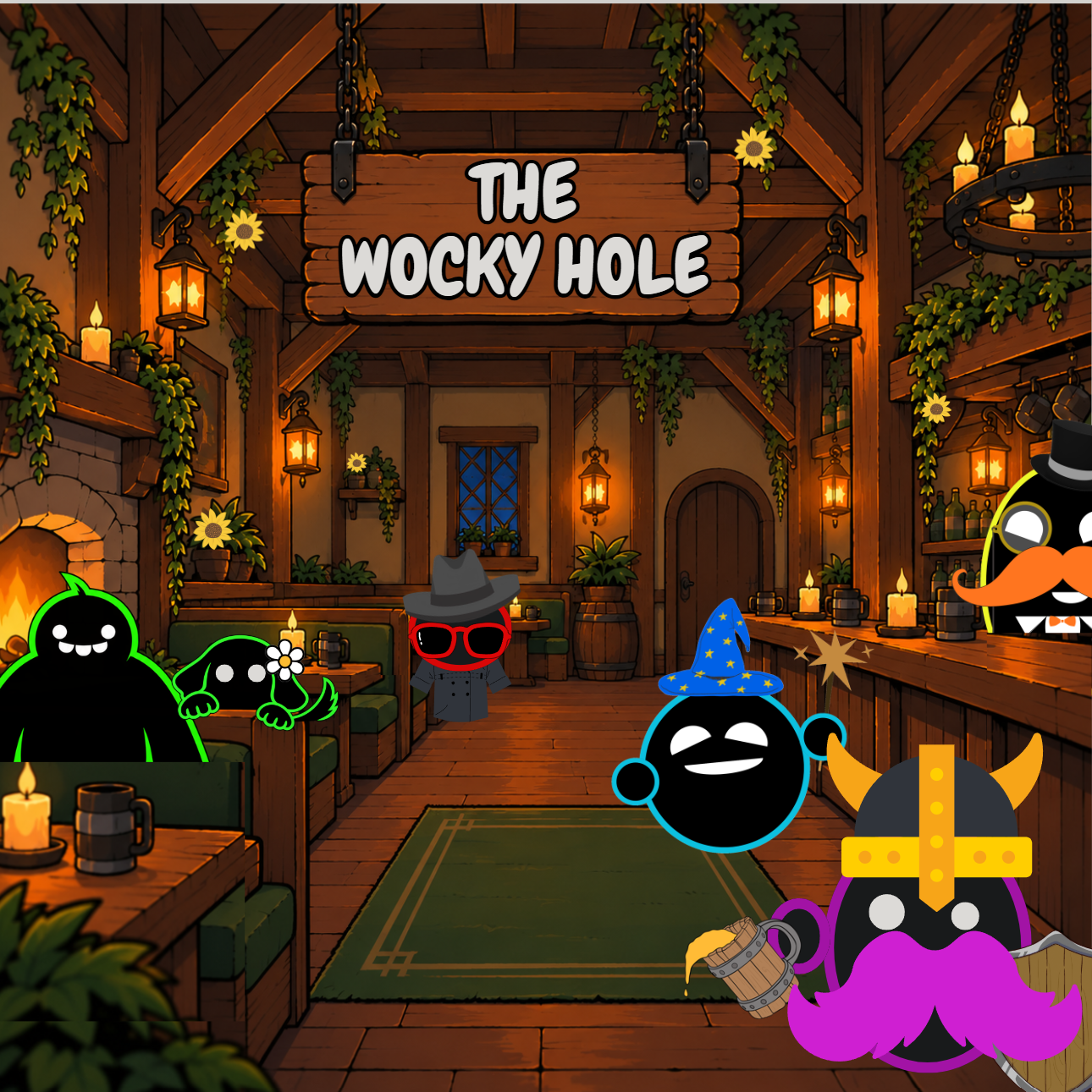 The Wocky Hole tavern: Wockys gathered among wooden beams, glowing lanterns, sunflowers and a warm fireplace